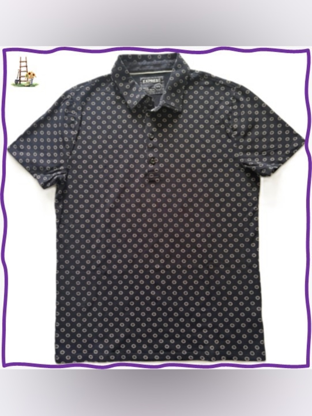 Express Men's Navy Short-Sleeve Polo with Small Circular Print